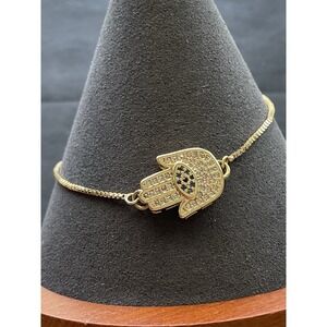Gold Tone hamsa hand bracelet Evil Eye Bolo Adjustable Estate Jewelry